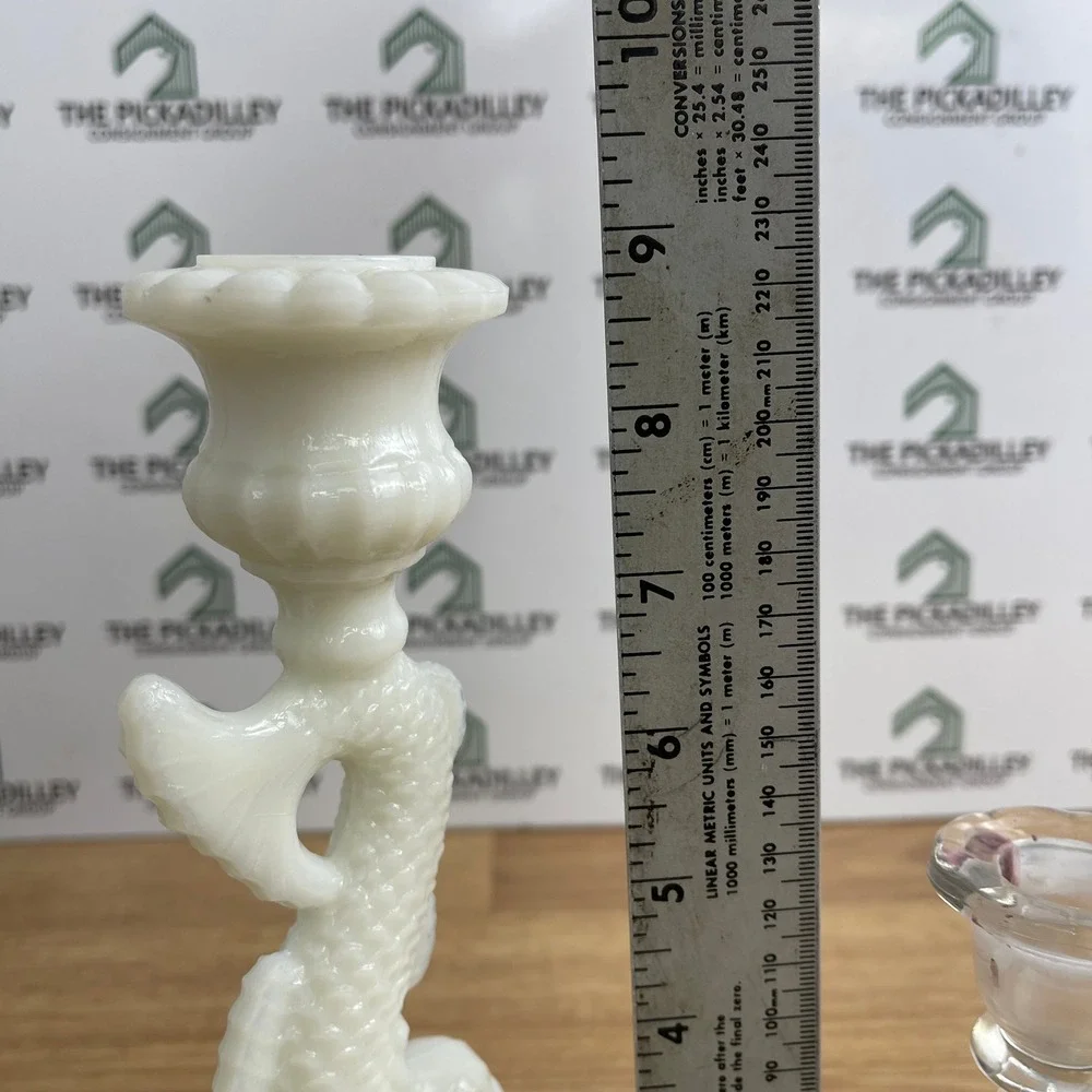Vintage Milk Glass and Clear Glass Dolphin Koi Fish Candlestick Holders Set 2